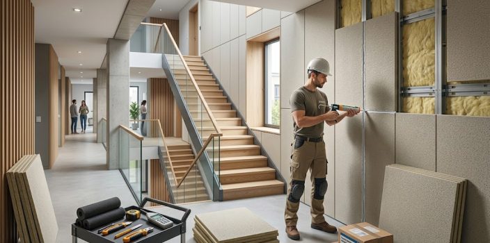 Isolation par l&rsquo;intérieur des cages d&rsquo;escalier et des cloisons mitoyennes bruyantes